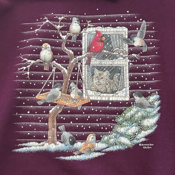 Vintage Morning Sun Sweatshirt Collared Purple Kitten Birds Grandmacore Petite L - Picture 8 of 14